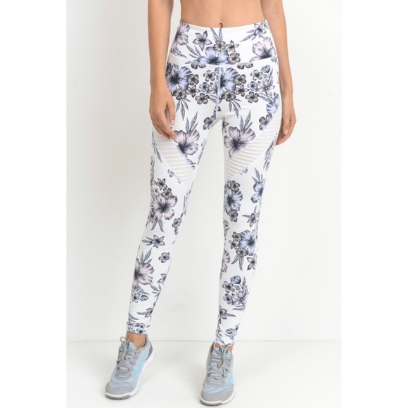 White Floral Print Moto Mesh Leggings - Picture 2 of 6